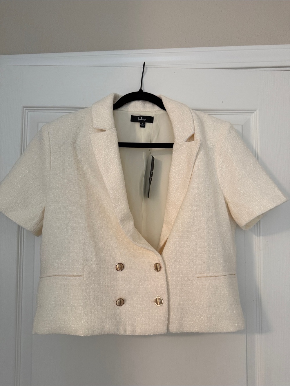Lulu's Cream Short-Sleeve Double-Breasted Cropped Blazer